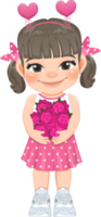 Valentine kid with little girl holding pink rose flowers. Dating, Celebrating Valentines day flat icon. Ash matte blonde ponytails hair young girlfriend cartoon character PNG. png