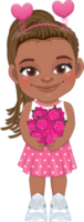 Valentine American African kid with little black girl holding rose flower. Dating, Celebrating Valentines day flat icon. Brown braided hair young girlfriend cartoon character PNG. png
