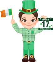 st. Patrick s Tag mit braun Haar Junge im irisch Kostüme halten irisch Flagge und Kalender Karikatur Charakter Design png