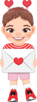 Valentine kid with little boy holding love letter. Dating, Celebrating Valentines day flat icon. Brown hair young boyfriend cartoon character PNG. png