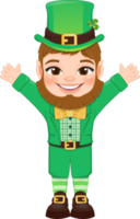 st. Patrick s dag met elf van Ierse folklore in een groen pak. schattig elf van Ierse folklore staand en verhogen beide handen tekenfilm karakter ontwerp png