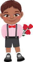 Valentine American African kid with little black boy holding rose flower. Dating, Celebrating Valentines day flat icon. Brown short hair young boyfriend cartoon character PNG. png