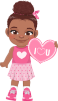 Valentine American African kid with little black girl holding pink heart banner. Dating, Celebrating Valentines day flat icon. Brown bun hair young girlfriend cartoon character PNG. png