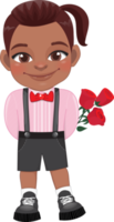 Valentine American African kid with little black boy holding rose flower. Dating, Celebrating Valentines day flat icon. Brown ponytail hair young boyfriend cartoon character PNG. png