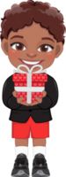 Valentine American African kid with little black boy holding gift box. Dating, Celebrating Valentines day flat icon. Brown curly hair young boyfriend cartoon character PNG. png