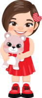 Valentine kid with little girl holding pink teddy bear. Dating, Celebrating Valentines day flat icon. Brown short hair young girlfriend cartoon character PNG. png