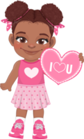 Valentine American African kid with little black girl holding pink heart banner. Dating, Celebrating Valentines day flat icon. Brown two buns hair young girlfriend cartoon character PNG. png