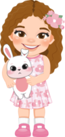 Happy Easter Day with Cute Girls Holding Bunny Cartoon Character PNG