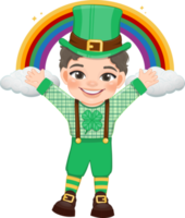 st. Patrick s Tag mit lockig Haar Junge im irisch Kostüme Stehen Vorderseite von Regenbogen Karikatur Charakter Design png