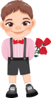 Valentine kid with little boy holding rose flowers. Dating, Celebrating Valentines day flat icon. Brown hair young boyfriend cartoon character PNG. png