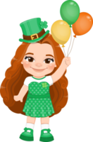 S t. Patricio s día con rojo largo pelo niña en irlandesa disfraces participación un irlandesa globo dibujos animados personaje diseño png