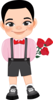 Valentine kid with little boy holding rose flowers. Dating, Celebrating Valentines day flat icon. Short haired young boyfriend cartoon character PNG. png