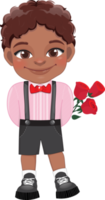 Valentine American African kid with little black boy holding rose flower. Dating, Celebrating Valentines day flat icon. Brown curly hair young boyfriend cartoon character PNG. png