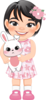 Happy Easter Day with Cute Girls Holding Bunny Cartoon Character PNG