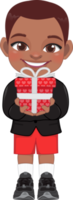 Valentine American African kid with little black boy holding gift box. Dating, Celebrating Valentines day flat icon. Short haired young boyfriend cartoon character PNG. png