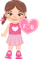 Valentine kid with little girl holding pink heart banner. Dating, Celebrating Valentines day flat icon. Brown long braided pigtails young girlfriend cartoon character PNG. png