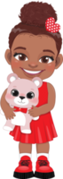 Valentine American African kid with little black girl holding pink teddy bear. Dating, Celebrating Valentines day flat icon. Brown bun hair young girlfriend cartoon character PNG. png