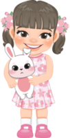 Happy Easter Day with Cute Girls Holding Bunny Cartoon Character PNG