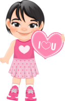 Valentine kid with little girl holding pink heart banner. Dating, Celebrating Valentines day flat icon. Black short hair young girlfriend cartoon character PNG. png