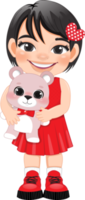 Valentine kid with little girl holding pink teddy bear. Dating, Celebrating Valentines day flat icon. Black short hair young girlfriend cartoon character PNG. png