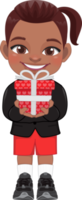 Valentine American African kid with little black boy holding gift box. Dating, Celebrating Valentines day flat icon. Brown ponytail hair young boyfriend cartoon character PNG. png
