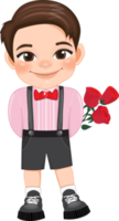 Valentine kid with little boy holding rose flowers. Dating, Celebrating Valentines day flat icon. Brown hair young boyfriend cartoon character PNG. png