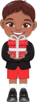 Valentine American African kid with little black boy holding gift box. Dating, Celebrating Valentines day flat icon. Brown short hair young boyfriend cartoon character PNG. png