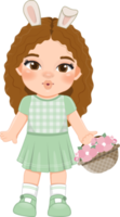 Happy Easter Day with Cute Girls Holding  Flower Basket Cartoon Character PNG