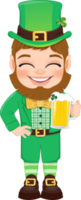 st. Patrick s Tag mit Kobold im ein Grün Anzug. süß Kobold halten golden Bär Glas Karikatur Charakter Design png