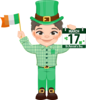st. Patrick s Tag mit lockig Haar Junge im irisch Kostüme halten irisch Flagge und Kalender Karikatur Charakter Design png