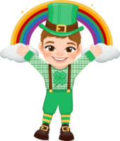 St. Patrick s Day with brown hair boy in Irish costumes standing front of rainbow cartoon character design png