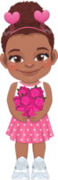 Valentine American African kid with little black girl holding rose flower. Dating, Celebrating Valentines day flat icon. Brown bun hair young girlfriend cartoon character PNG. png