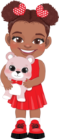 Valentine American African kid with little black girl holding pink teddy bear. Dating, Celebrating Valentines day flat icon. Brown two buns hair young girlfriend cartoon character PNG. png