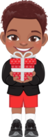 Valentine American African kid with little black boy holding gift box. Dating, Celebrating Valentines day flat icon. Brown curly hair young boyfriend cartoon character PNG. png