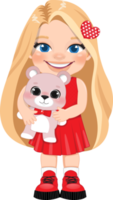 Valentine kid with little girl holding pink teddy bear. Dating, Celebrating Valentines day flat icon. Blonde long hair young girlfriend cartoon character PNG. png