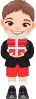 enamorado niño con pequeño chico participación regalo caja. tener una cita, celebrando san valentin día plano icono. marrón pelo joven novio dibujos animados personaje png. png