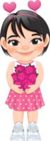 Valentinstag Kind mit wenig Mädchen halten Rosa Rose Blumen. Datierung, feiern Valentinsgrüße Tag eben Symbol. schwarz kurz Haar jung Freundin Karikatur Charakter png. png