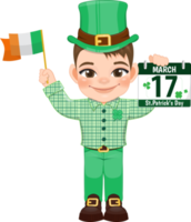 st. patrick s dia com Castanho cabelo Garoto dentro irlandês fantasias segurando irlandês bandeira e calendário desenho animado personagem Projeto png