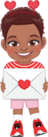 Valentine American African kid with little black boy holding love letter. Dating, Celebrating Valentines day flat icon. Brown curly hair young boyfriend cartoon character PNG. png