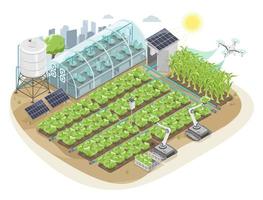 Smart Farming with Solar panel and robot cultivator and drone farm iot system equipment ecology for agricultural near city isometric isolated vector cartoon