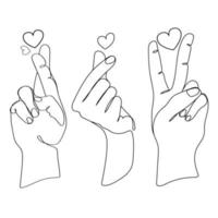 Love Signs with fingers with hearts set,continuous line drawing sketch vector illustration.Hand gestures collection Minimalism art for print,emblem,icon,cover,tattoo design in trendy line art style