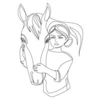 continuo línea dibujo pequeño niño niña con caballo mínimo Arte vector ilustracion.amor para animales concepto.personas y chica.animal y caballo transatlántico diseño para cartel,colorante,impresión,emblema