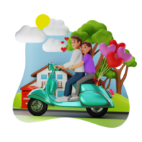 couple équitation ensemble sur scooter, 3d personnage illustration png