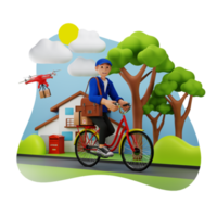 levering vent leveren de pakket door fiets, 3d karakter illustratie png