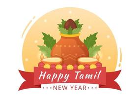 contento tamil nuevo año ilustración con vishu flores, ollas y indio hindú festival en plano dibujos animados mano dibujado para aterrizaje página plantillas vector