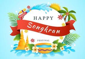 Happy Songkran Festival Day Illustration with Playing Water Gun in Thailand Celebration in Flat Cartoon Hand Drawn for Landing Page Templates vector