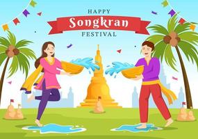 Happy Songkran Festival Day Illustration with Playing Water Gun in Thailand Celebration in Flat Cartoon Hand Drawn for Landing Page Templates vector