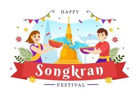 Happy Songkran Festival Day Illustration with Kids Playing Water Gun in Thailand Celebration in Flat Cartoon Hand Drawn for Landing Page Templates vector