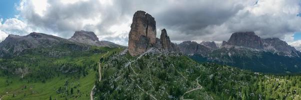 Panoramic landscape of the Cinque Torri in the  Dolomite mountains of Italy. photo