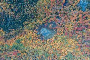 Aerial view of peak fall foliage in Keene, New York in upstate New York. photo